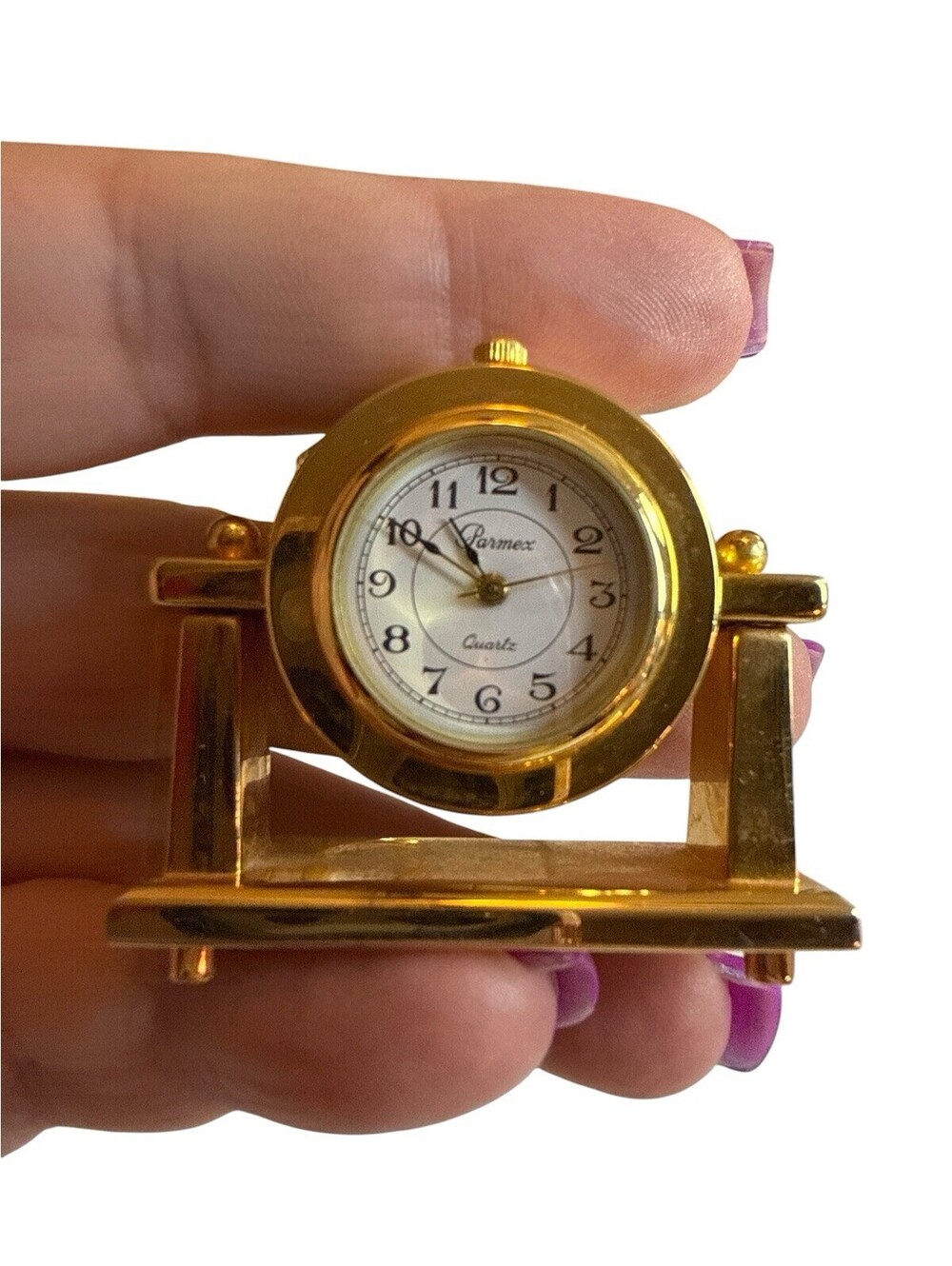 Vintage Parmex Miniature Gold Tone Desk Mantel Clock Japan Quartz New Battery
